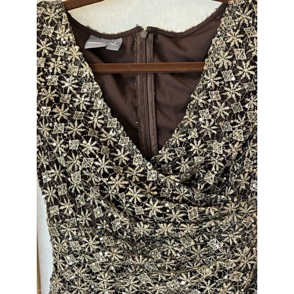 NWT Women’s Muse Brown Sequin V Neck Cocktail Dress Lined Size 0 MSRP $185 - Picture 9 of 13